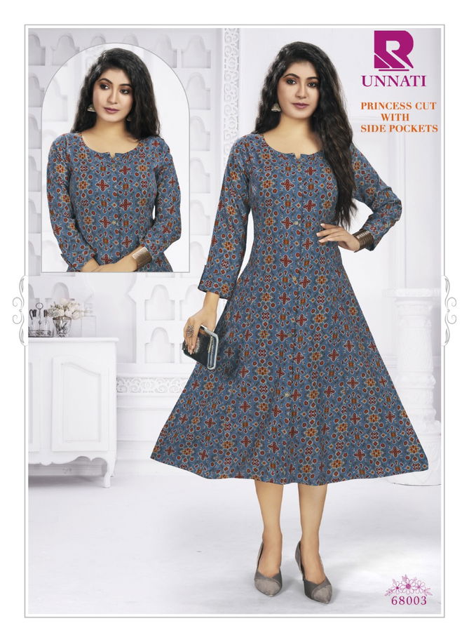 Raashi Unnati Heavy Rayon Printed Fancy Wear Anarakali Kurti Collection
